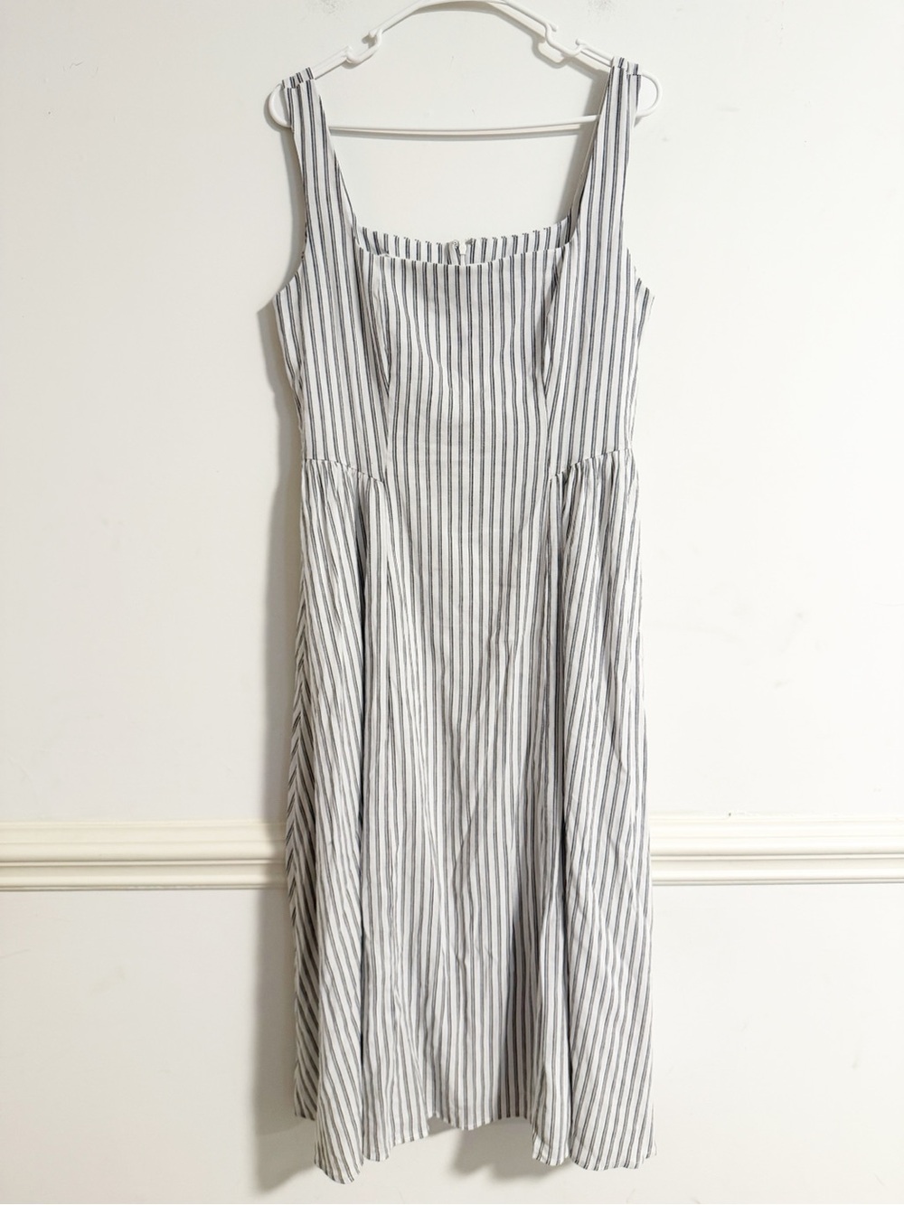 WAYF Gray White Striped Square Neck Linen Blend Midi Dress Size L